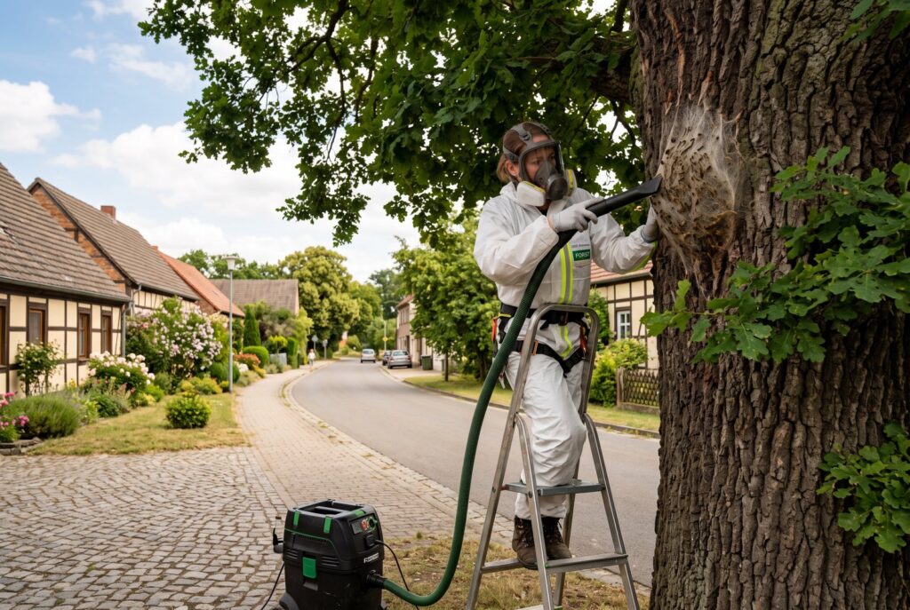 Eichenprozessionsspinner-Nest wird im Vollschutz abgesaugt – Cottbus