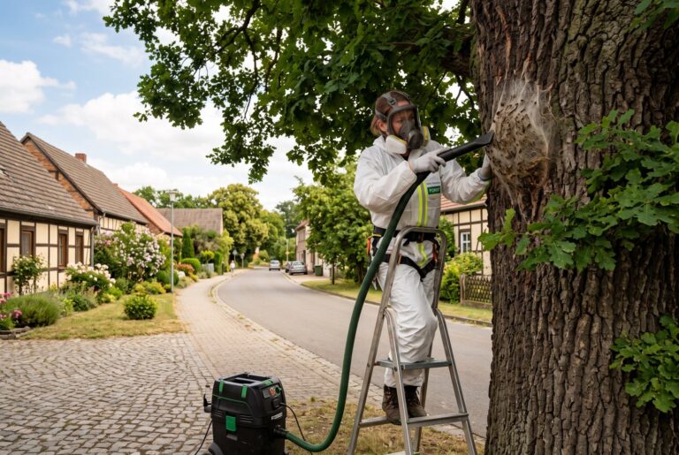Eichenprozessionsspinner-Nest wird im Vollschutz abgesaugt – Cottbus