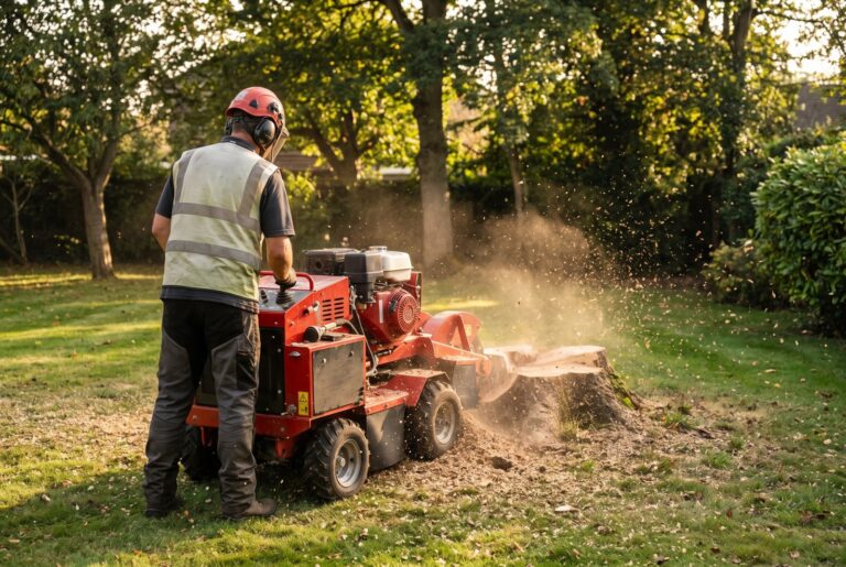 Stubbenfräse entfernt einen Baumstumpf im Garten – Cottbus