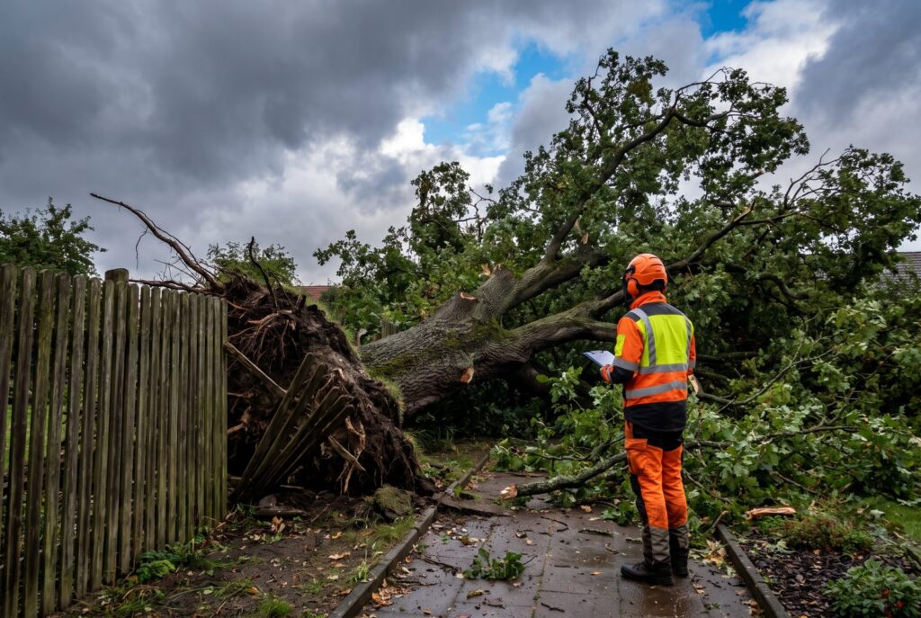 Sturmschaden: umgestürzter Baum am Gartenzaun – Notdienst Baumpflege Hahm