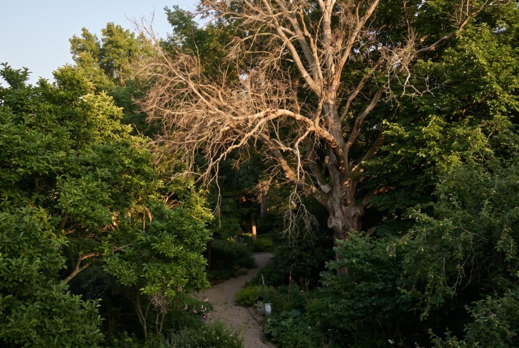 Totholz in der Baumkrone über einem Gartenweg