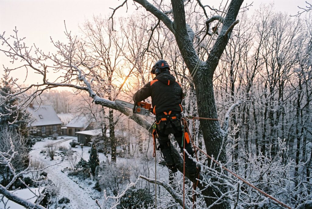 Baumarbeiten im Winter bei Raureif