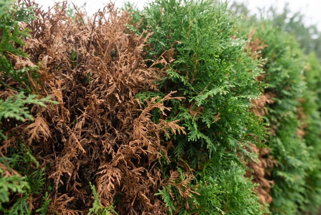 Thuja-Hecke mit braunen Stellen