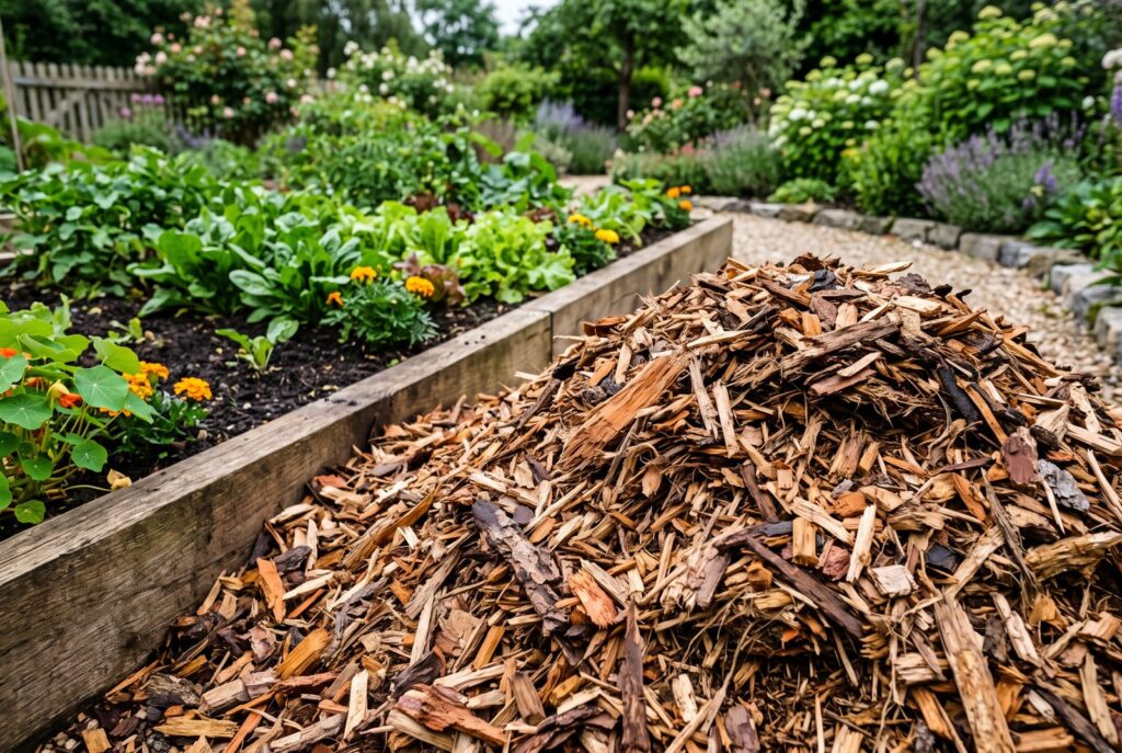 Hackschnitzel-Mulch neben einem Gartenbeet