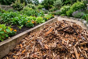 Hackschnitzel-Mulch neben einem Gartenbeet