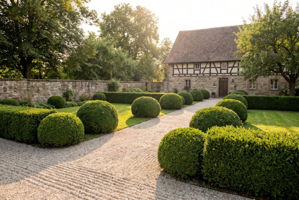 Formschnitt an Buchsbaum und Eibe im Vorgarten